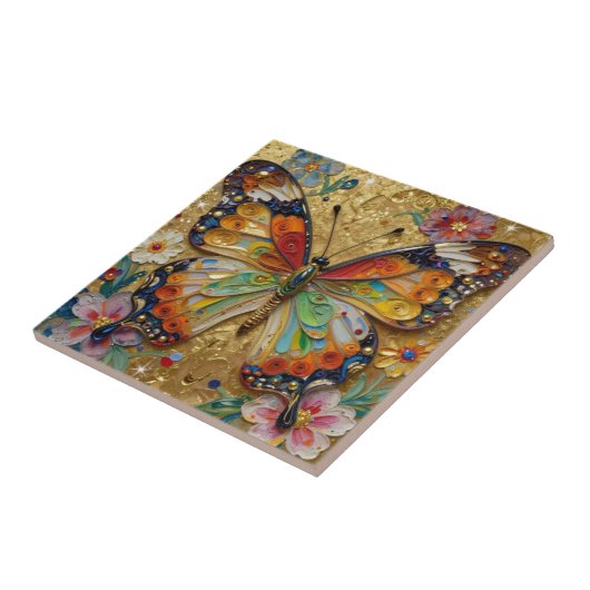 Beautiful Impasto Butterfly and Flowers   タイル (側面)