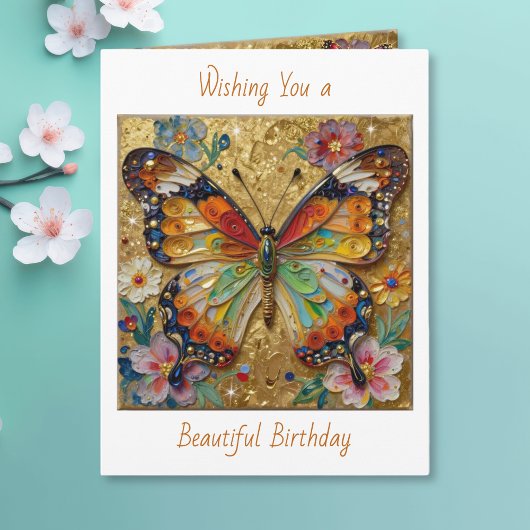 Beautiful Impasto Butterfly and Flowers Birthday カード