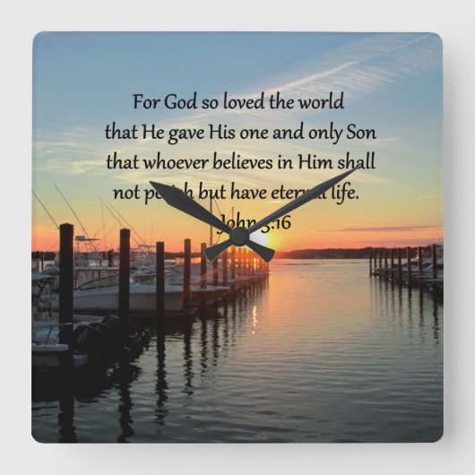 BEAUTIFUL JOHN 3:16サンセットフォトデザイン スクエア壁時計 (正面)
