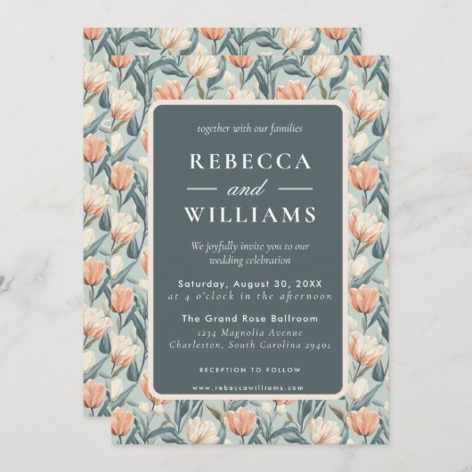 Beautiful Minimal Tulip Flower Spring Wedding 招待状 (正面/裏面)
