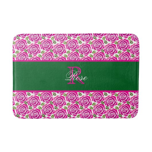 Beautiful Modern Hot Pink Magenta Roses Monogram  バスマット (正面)