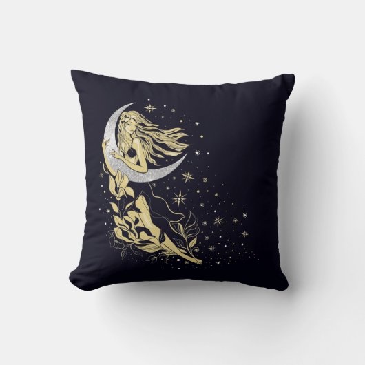 Beautiful moon stars woman art deco illustration クッション (正面)