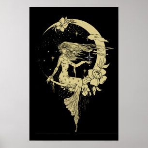 Beautiful moon stars woman art deco illustration ポスター