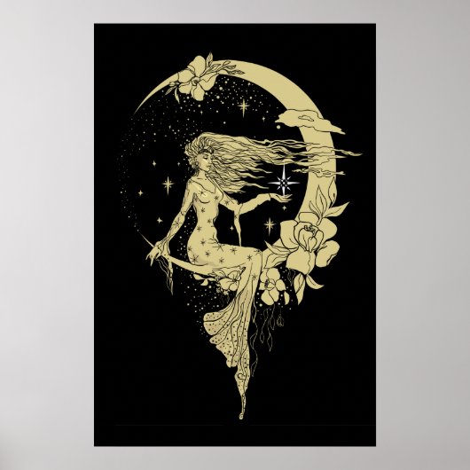 Beautiful moon stars woman art deco illustration ポスター (正面)