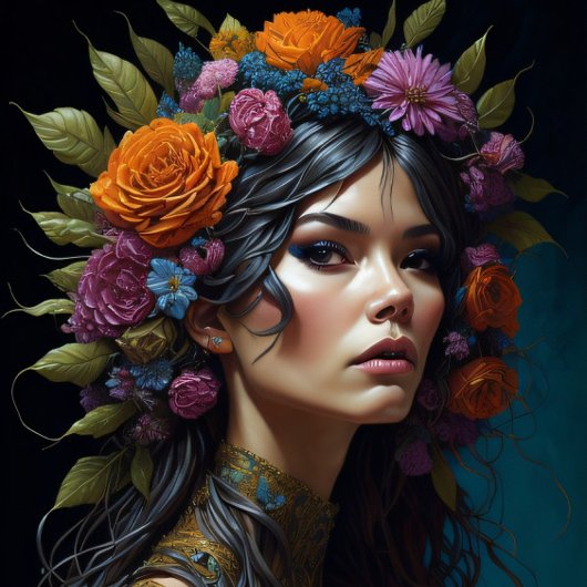 Beautiful mysterious black haired flower woman 薄葉紙