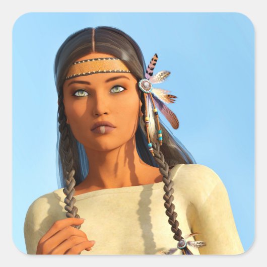 Beautiful Native American Woman Indigenous Outfit スクエアシール (正面)