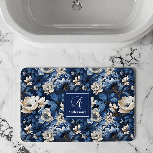 Beautiful Navy Flowers Personalized Floral Bath  バスマット