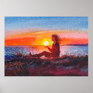 Beautiful ocean sunset. Portrait of young woman as ポスター