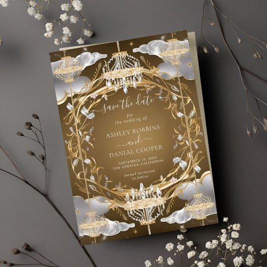 Beautiful Opulent Gold and Crystals Save The Date 招待状