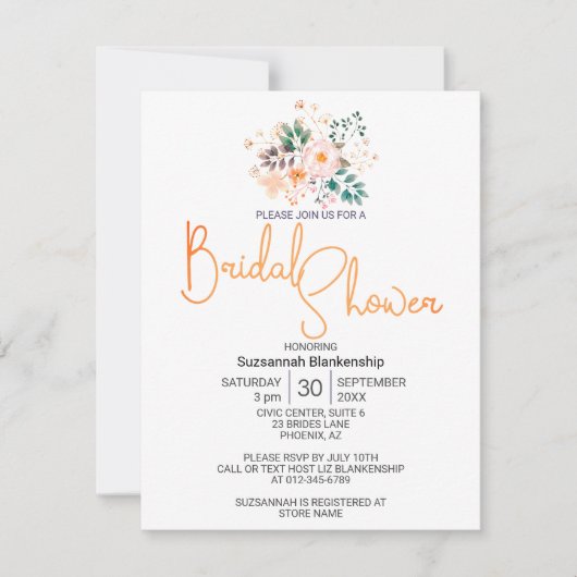 Beautiful Peach Begonia Greenery Bridal Shower 招待状 (正面)