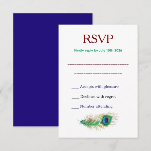 Beautiful Peacock Feather Wedding 出欠カード (正面/裏面)
