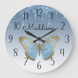 Beautiful Personalized Blue Butterfly Large Clock ラージ壁時計