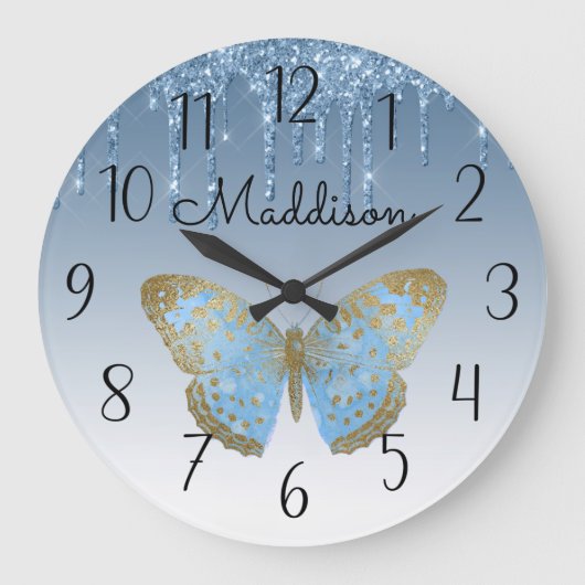 Beautiful Personalized Blue Butterfly Large Clock ラージ壁時計 (正面)