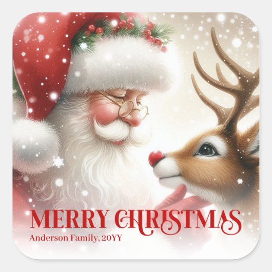 Beautiful Personalized Santa and Rudolph Holiday   スクエアシール (正面)