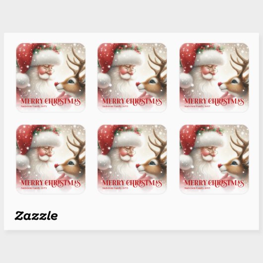 Beautiful Personalized Santa and Rudolph Holiday スクエアシール (シート)