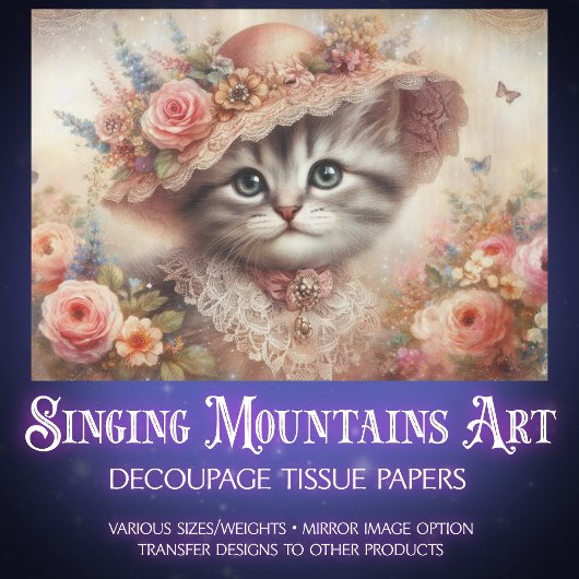 Beautiful Pink Floral Victorian Cat Decoupage 薄葉紙