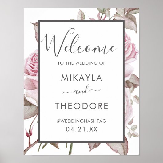 Beautiful Pink Roses Wedding Welcome Sign ポスター (正面)