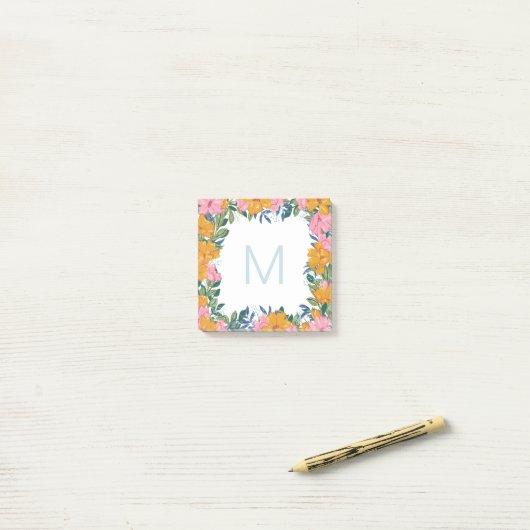 Beautiful Pink Yellow Floral Frame Monogram ポストイット (デスク上)