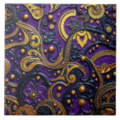 Beautiful Purple Black Gold Floral Abstract タイル (正面)