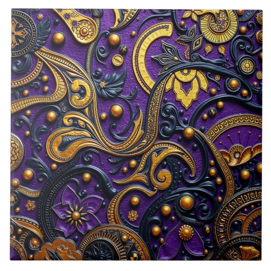 Beautiful Purple Black Gold Floral Abstract タイル (正面)