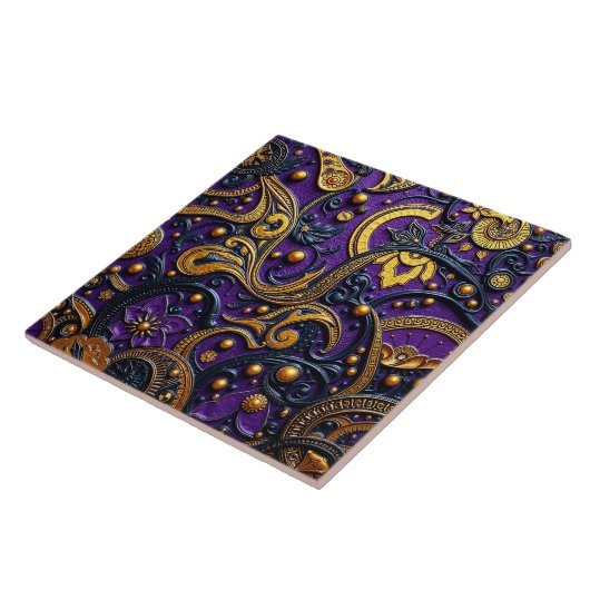 Beautiful Purple Black Gold Floral Abstract タイル (側面)