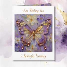 Beautiful Purple Butterfly and Flowers Birthday カード