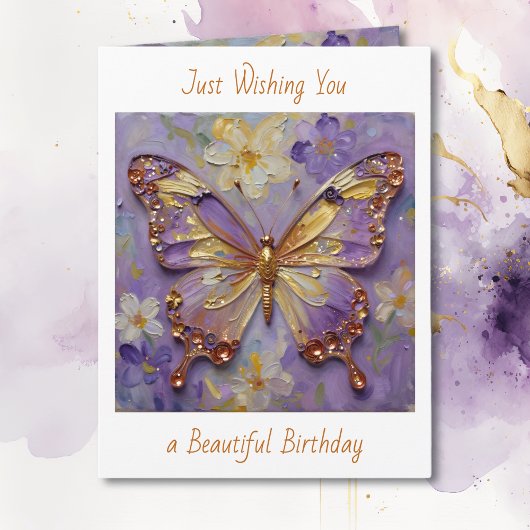 Beautiful Purple Butterfly and Flowers Birthday カード