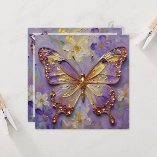Beautiful Purple Butterfly and Flowers Blank カード (正面/裏面インサイチュ)