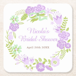 Beautiful Purple Floral Wreath Bridal Shower スクエアペーパーコースター