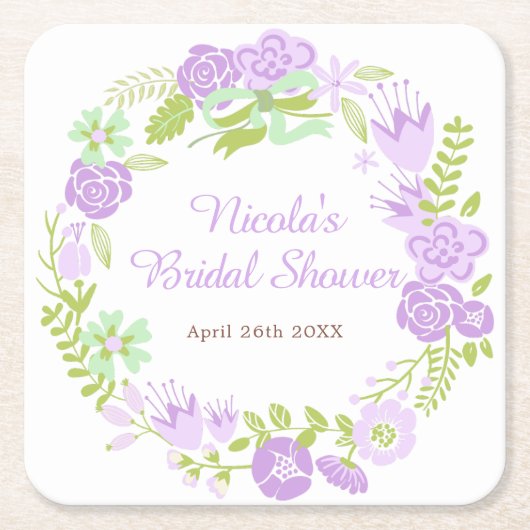 Beautiful Purple Floral Wreath Bridal Shower スクエアペーパーコースター (正面)