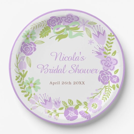 Beautiful Purple Floral Wreath Bridal Shower ペーパープレート (正面)