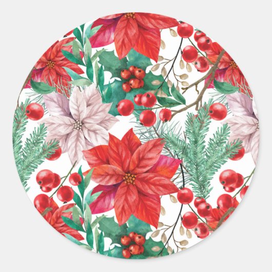 Beautiful red and white Christmas poinsettia ラウンドシール (正面)
