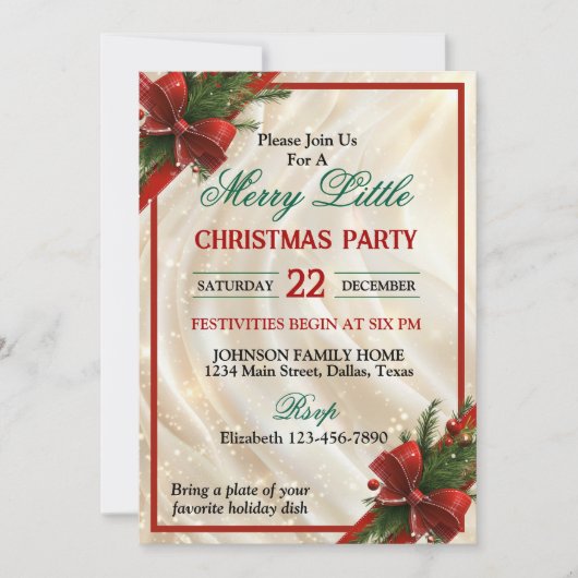 Beautiful Red Bow and Ribbon Christmas Party 招待状 (正面)