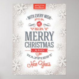 Beautiful Red & White Typography Snowflakes ポスター