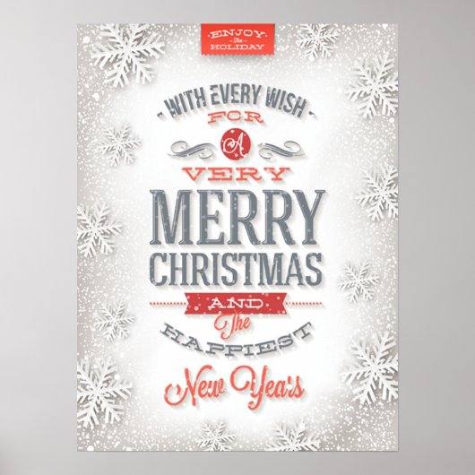 Beautiful Red & White Typography Snowflakes ポスター (正面)