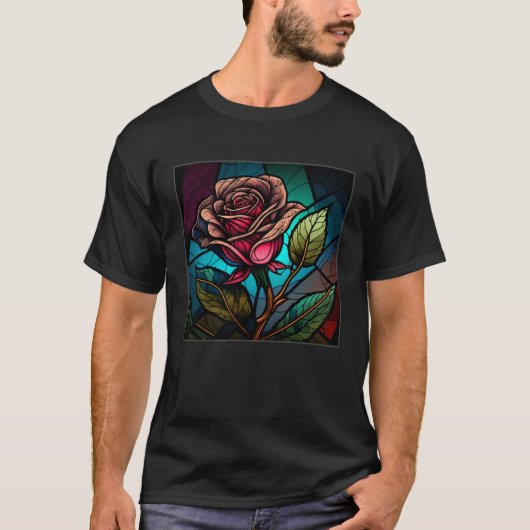 Beautiful Roses Illustration Stained Glass Realist Tシャツ (正面)