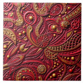 Beautiful Ruby Red & Gold Floral Abstract タイル (正面)
