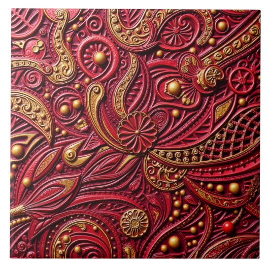 Beautiful Ruby Red & Gold Floral Abstract タイル (正面)