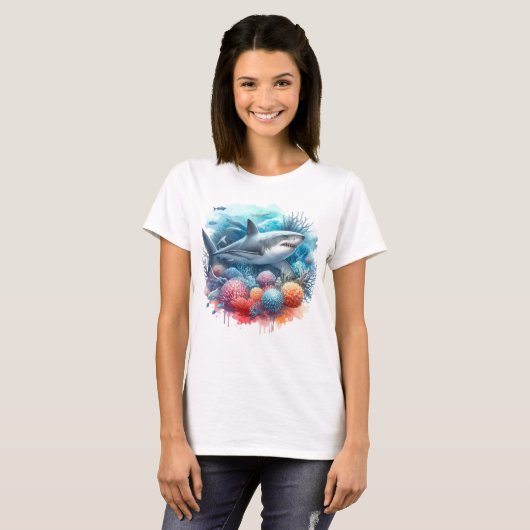 BEAUTIFUL SHARK IN OCEAN WITH FISH AND CORAL  Tシャツ (正面フル)