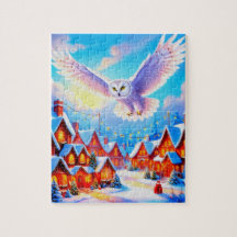 Beautiful Snowy Owl Flying Over Christmas Village