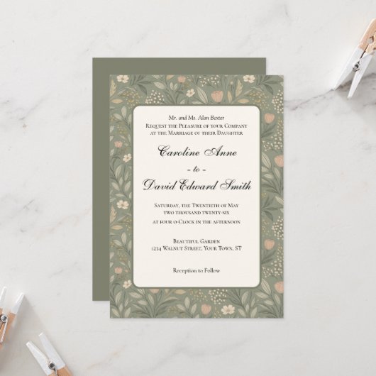 Beautiful Soft Flowers on Sage Green Muted Earthy 招待状 (正面/裏面インサイチュ)