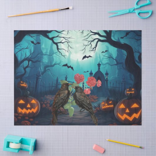 Beautiful Spooky Haunted Raven Halloween Decoupage 薄葉紙 (クラフト)