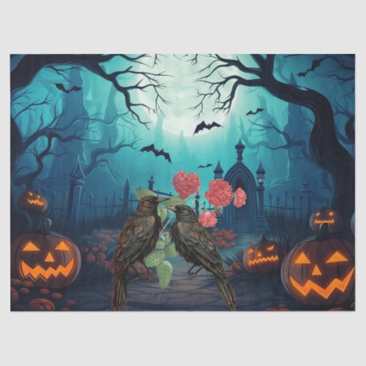 Beautiful Spooky Haunted Raven Halloween Decoupage 薄葉紙 (正面)