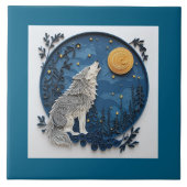 Beautiful Stylish Grey Wolf Howling at the Moon タイル (正面)
