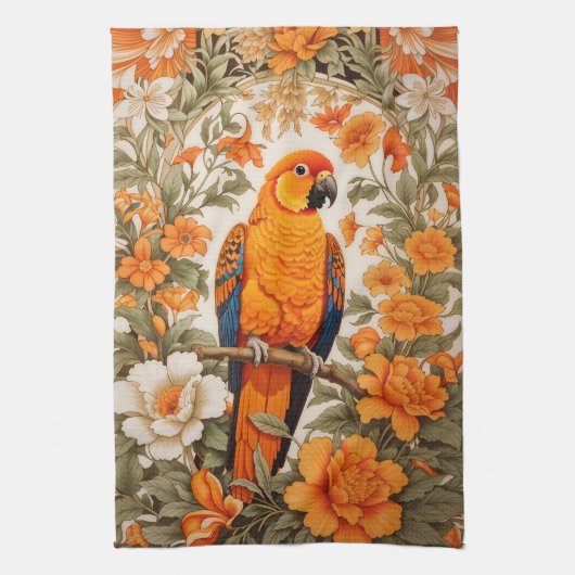 Beautiful Sun Conure William Morris Inspired キッチンタオル (縦)