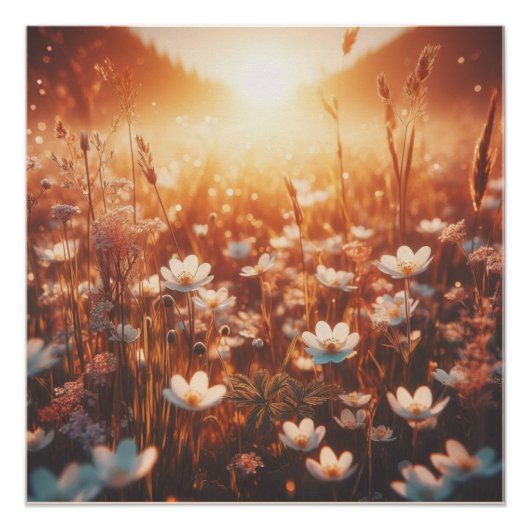 Beautiful Sunrise Spring Meadow White Wildflowers  ポスター (正面)