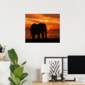 Beautiful Sunset with Silhouette of Elephant ポスター (ホームオフィス)