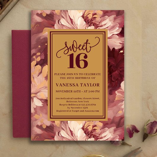 Beautiful Sweet Sixteen Burgundy Blush Boho Invite 招待状