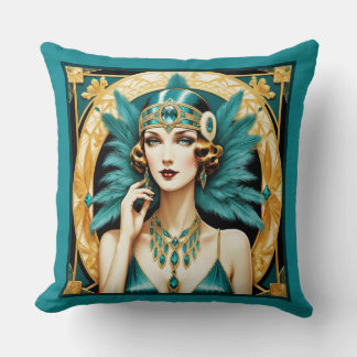 Beautiful Teal and Gold Art Deco Flapper クッション