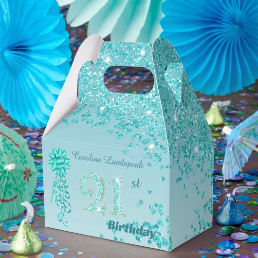 Beautiful Teal Blue Glitter Ribbon 21st Birthday フェイバーボックス (パーティー)